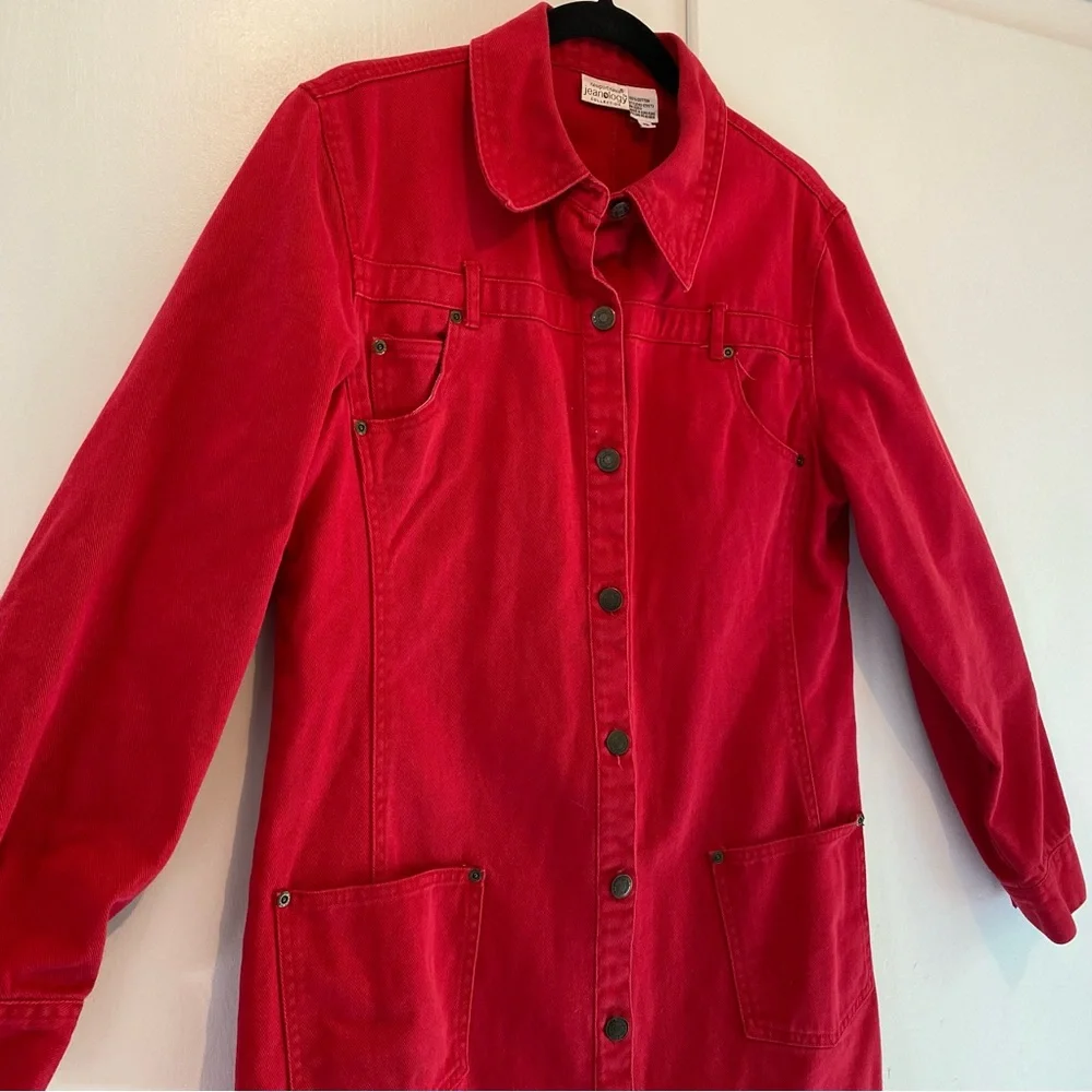 Vtg Newport News Jeanology Long Red Button-Front Denim Coat Dress Patriotic 12 - Picture 2 of 12